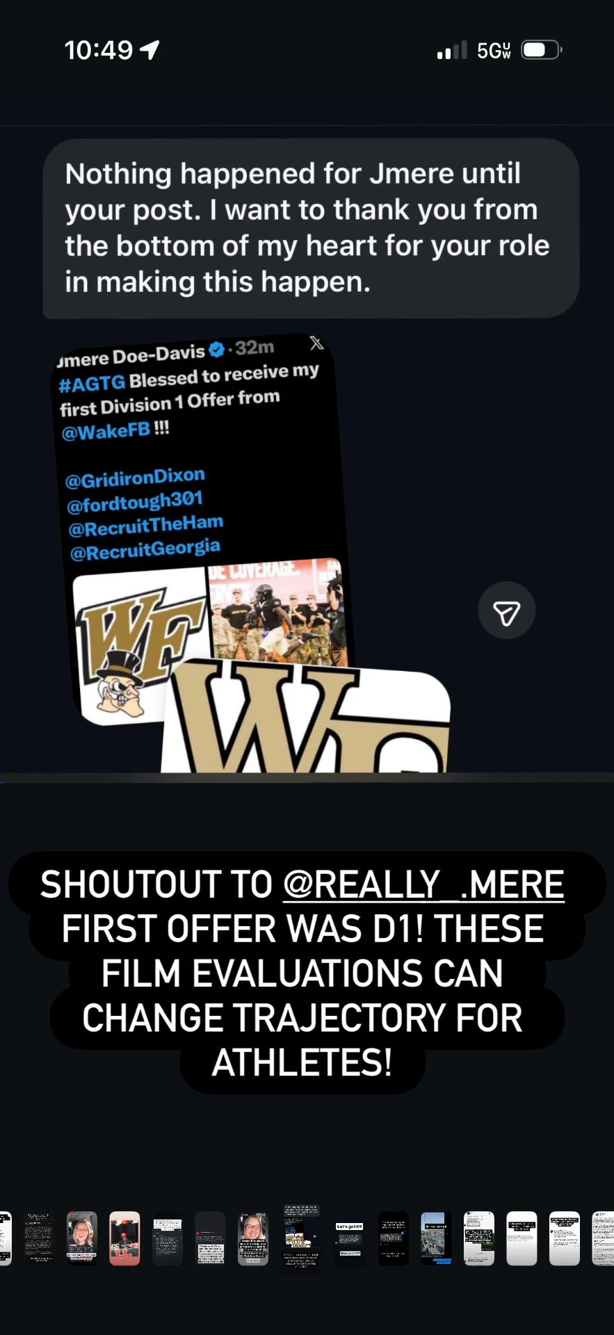 Parent message thanking DUB Athletic after athlete earns first Division 1 offer