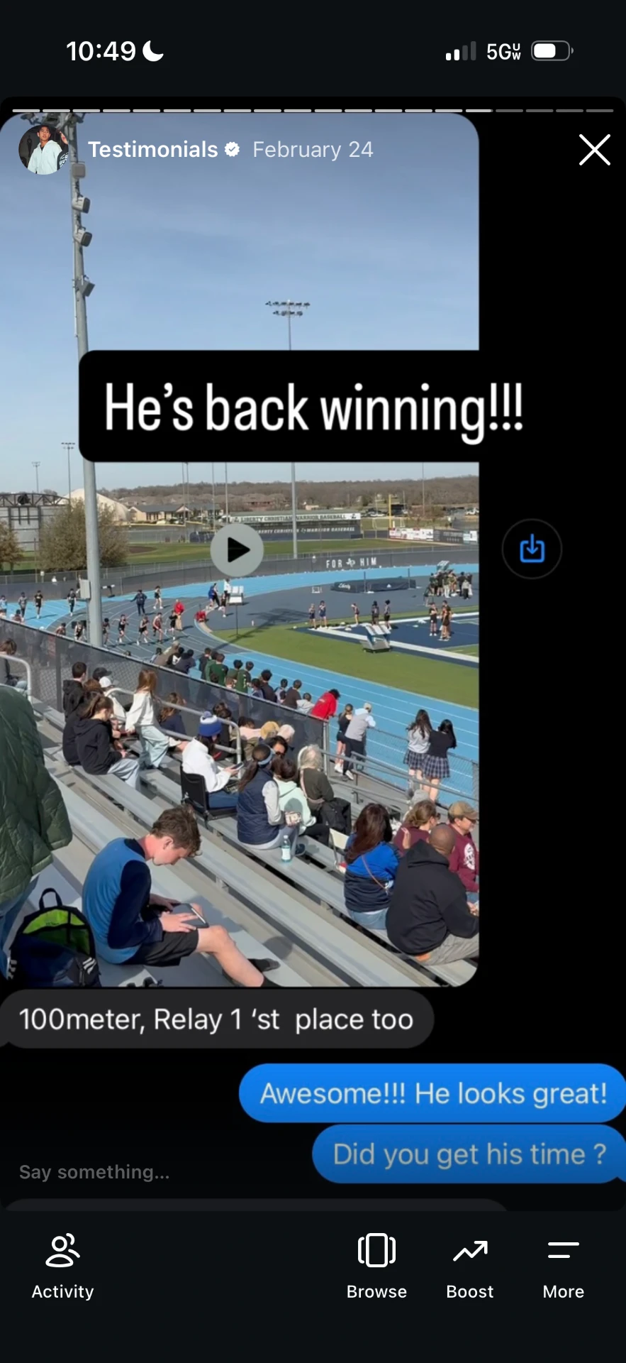 Parent message sharing 100 meter and relay first place track results