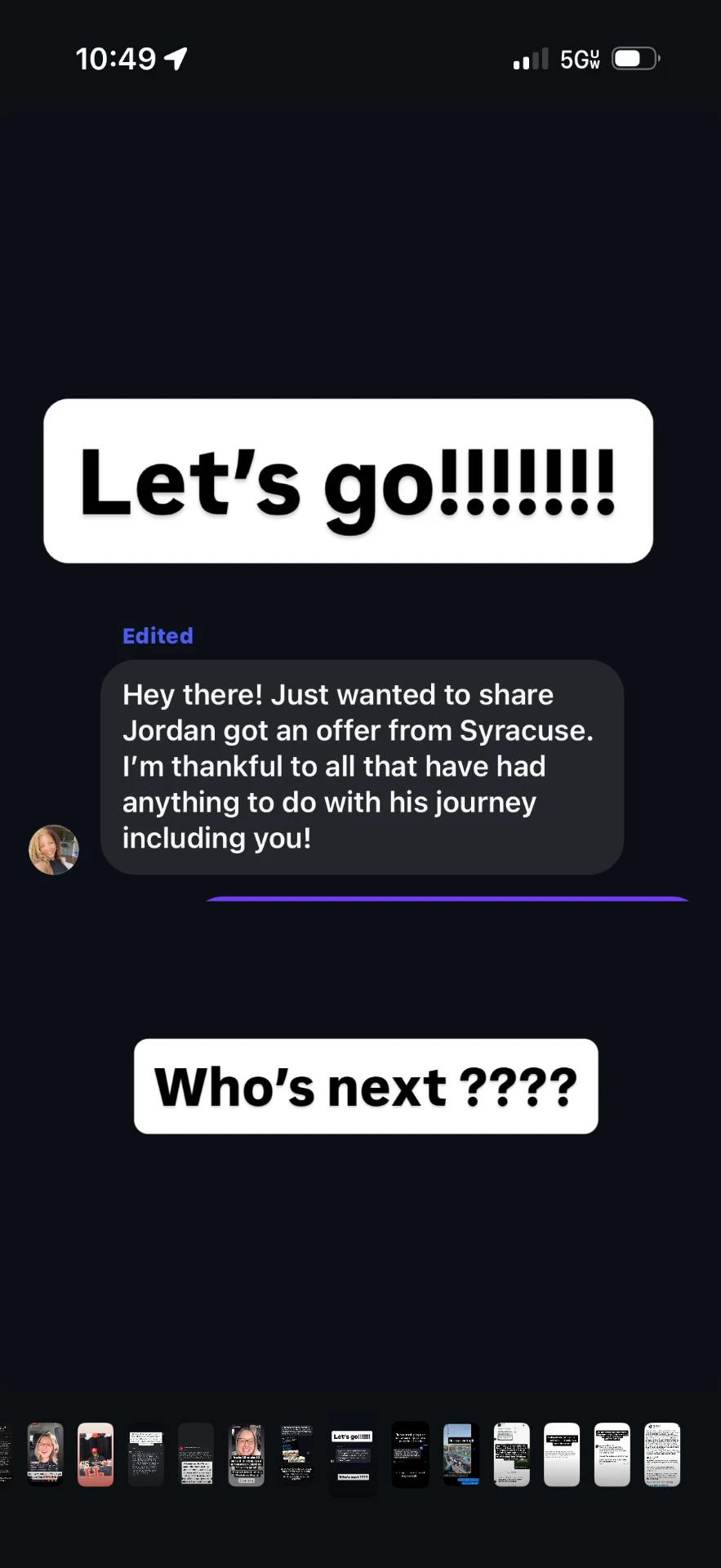Parent message sharing that their athlete received an offer from Syracuse